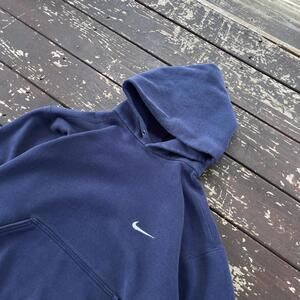 (L) Vintage 90s Y2K Nike Hoodie Navy Blue White Embroidered Swoosh Check